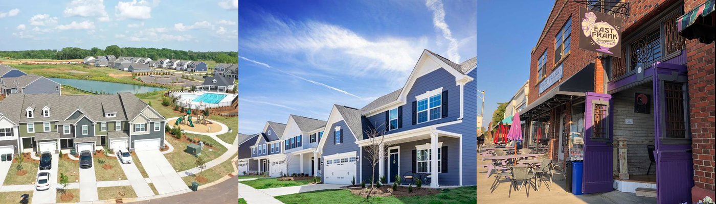 Real photos of Marvin, NC — aerial neighborhood view, new homes, and downtown Marvin